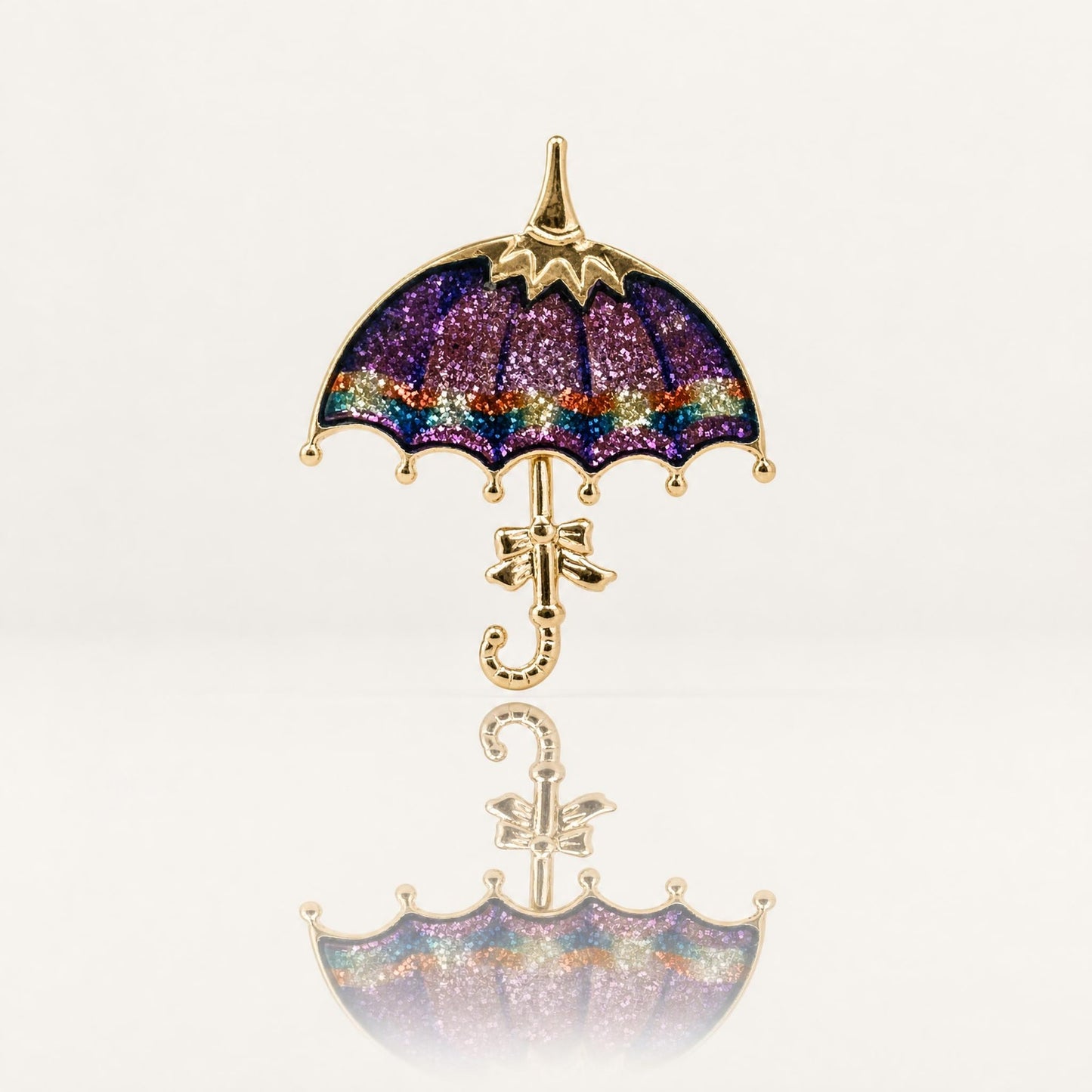 Vintage Glitter Enamel Umbrella Brooch | Gold Tone Purple & Blue Parasol Pin | Whimsical Rainy Day Jewelry