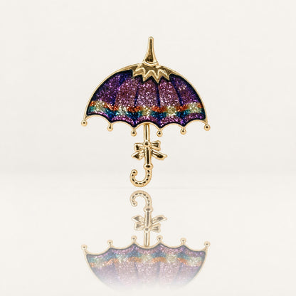 Vintage Glitter Enamel Umbrella Brooch | Gold Tone Purple & Blue Parasol Pin | Whimsical Rainy Day Jewelry
