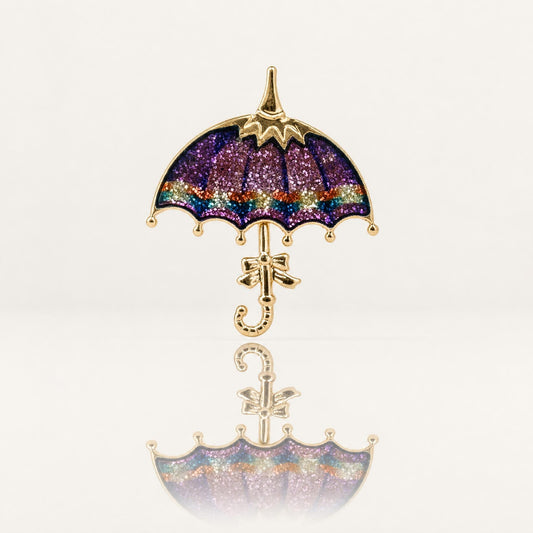 Vintage Glitter Enamel Umbrella Brooch | Gold Tone Purple & Blue Parasol Pin | Whimsical Rainy Day Jewelry