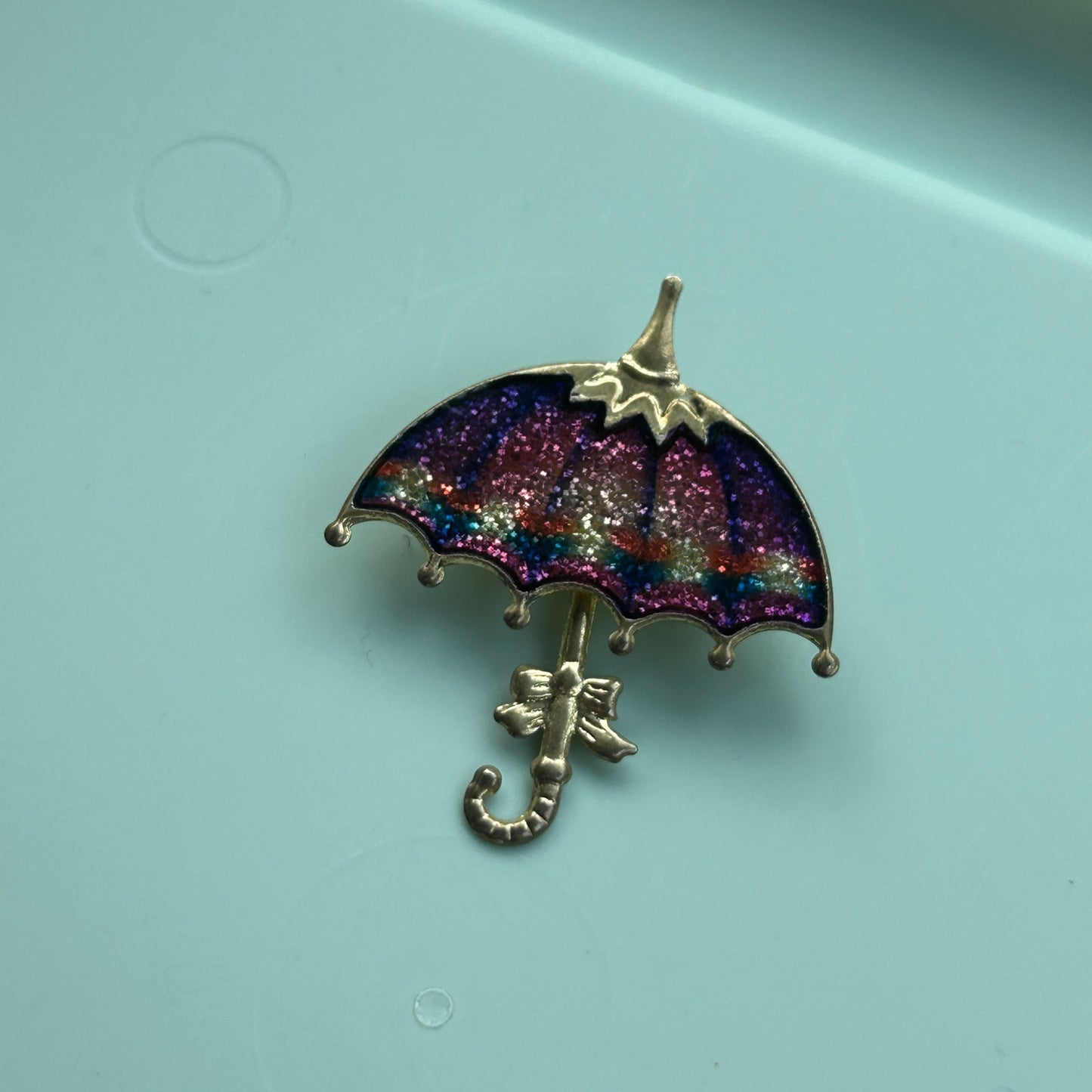 Vintage Glitter Enamel Umbrella Brooch | Gold Tone Purple & Blue Parasol Pin | Whimsical Rainy Day Jewelry