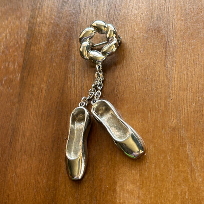 Vintage Silver Tone Ballerina Slipper Brooch, Dangling Ballet Flat Charm Pin