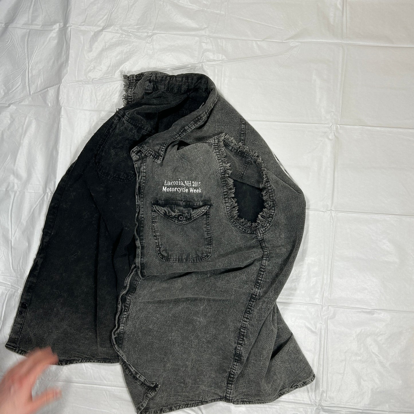 Vintage 2015 Laconia NH Motorcycle Week Cut Off Denim Shirt Men's XL Biker Vest