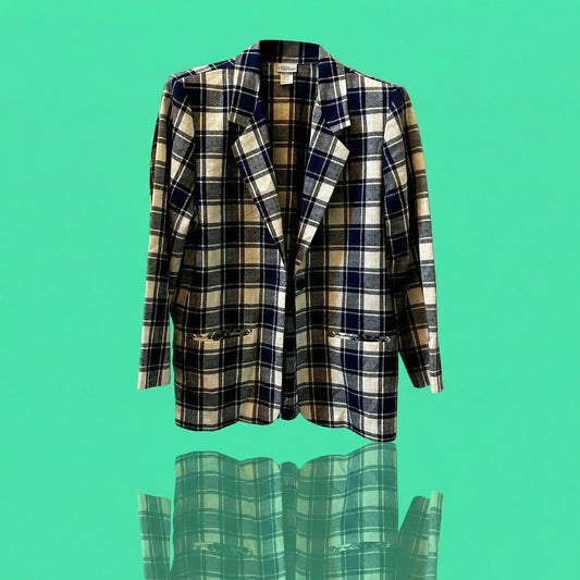 Modern Essentials Women’s Large Plaid Blazer Blue Oversized