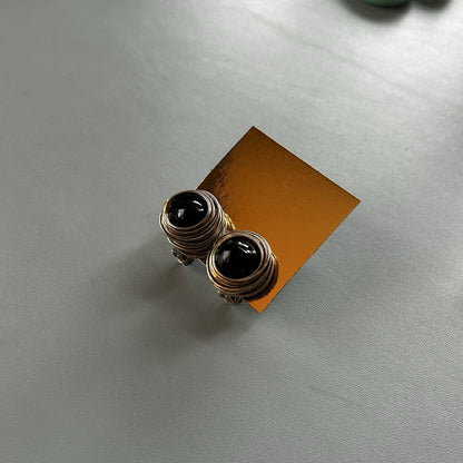 Vintage Clip-On Gold Tone Stud Earrings Black Cabochon Round Fashion