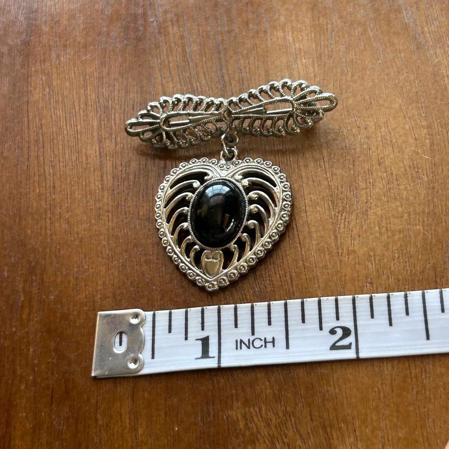 Vintage Art Deco Filigree Heart & Bar Brooch | Silver Black Cabochon Dangle Pin