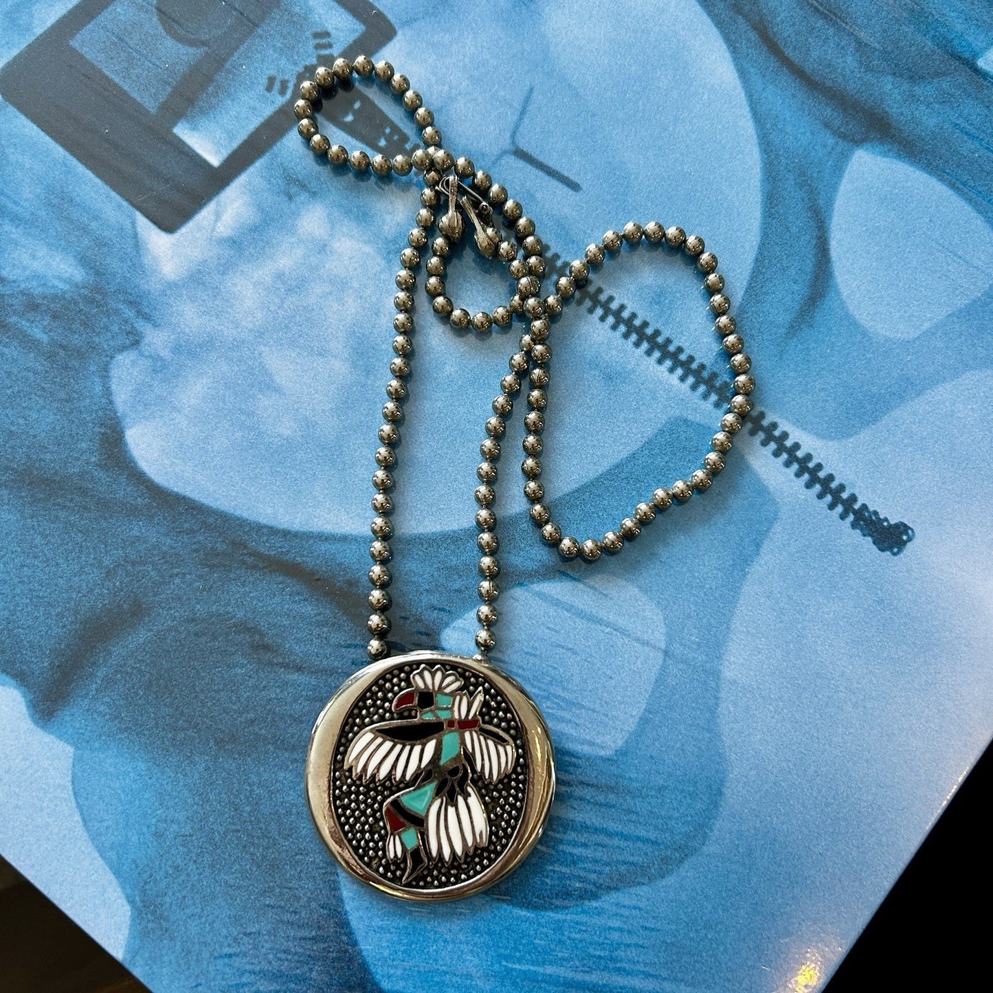 Round Enamel Native Bird Pendant Necklace with Chain, Silver, Turquoise & Red