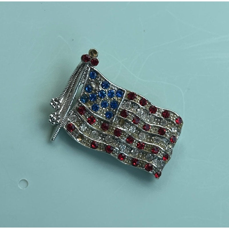 Vintage Rhinestone American Flag Brooch Waving Stars and Stripes Silver Tone Pin