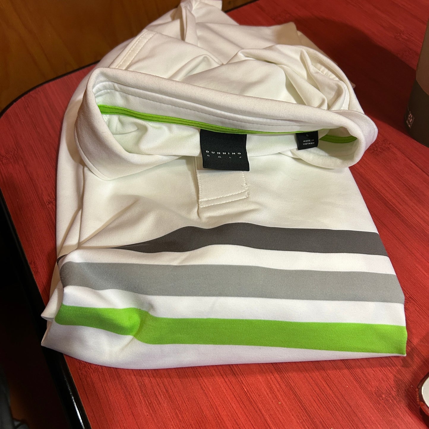 Dunning Golf Men's Large Performance Polo Shirt White with Green & Gray Stripes