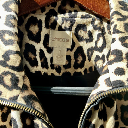 Chico's Leopard Print Zip Front Jacket – Beige & Black – Size 1 – Collared