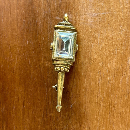 Vintage Goldette Victorian Revival Lantern Brooch | Gold Tone Torch Pin | Emerald Cut Rhinestone Statement Jewelry