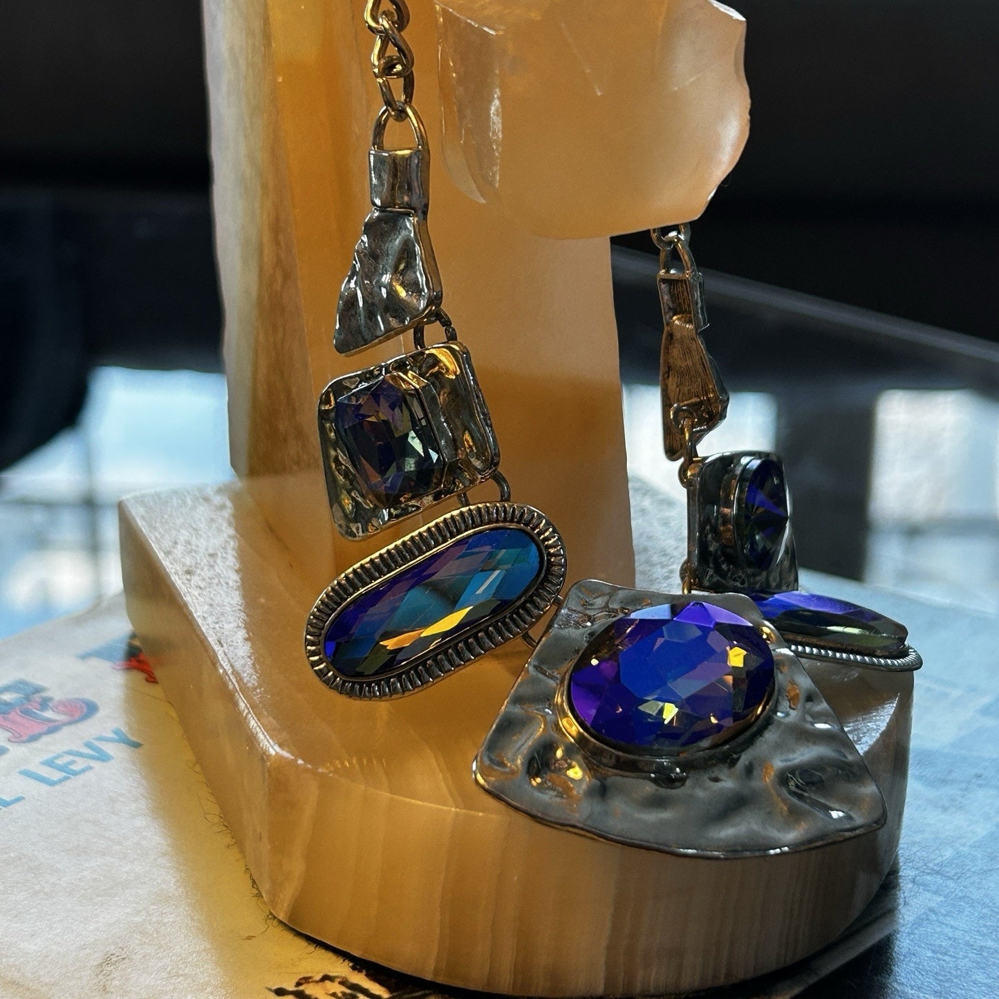 Statement Necklace Blue Glass Oval Stones Metal Bezel Asymmetrical Pendant Women