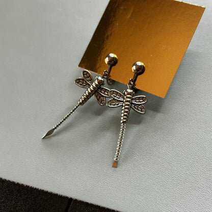 Silver Dragonfly-Shaped Dangle Earrings, Butterfly Closure, for Pierced Lobes
