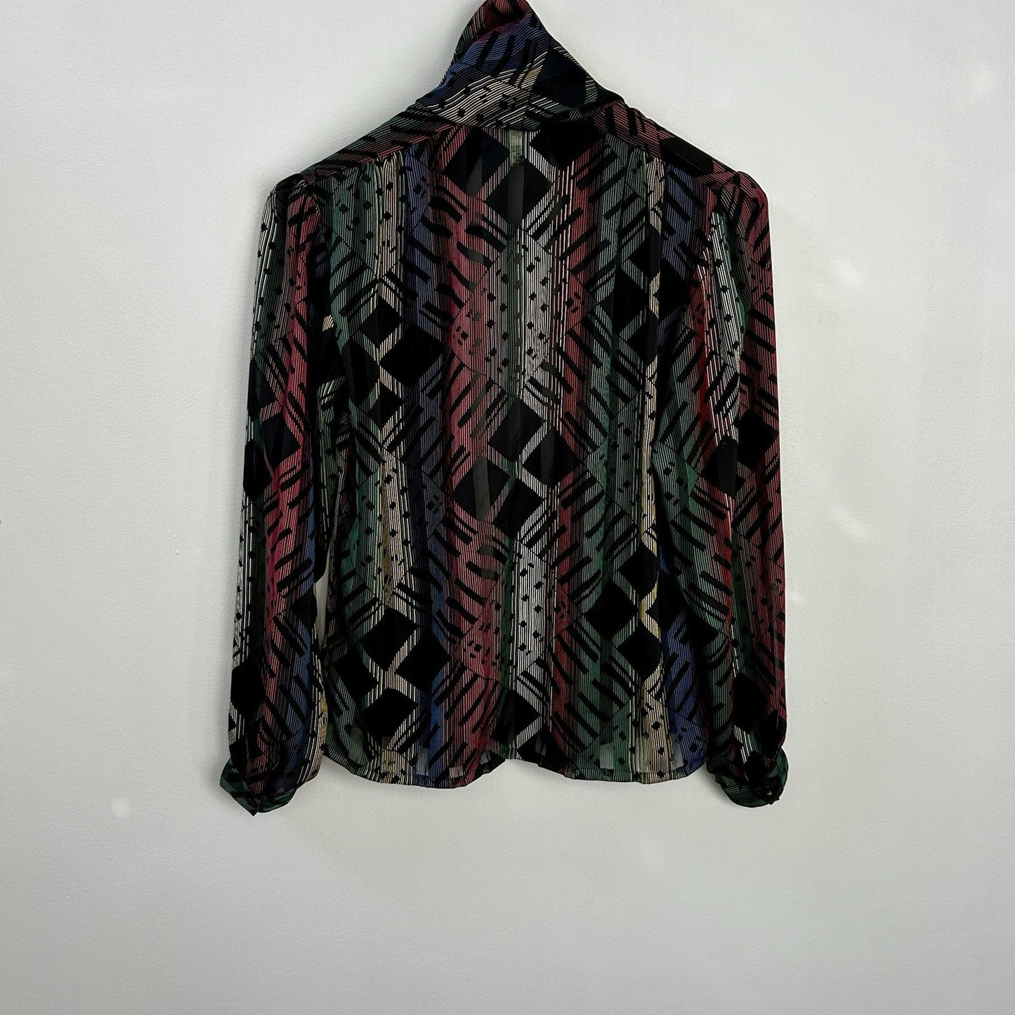 NICOLA Multicolor Geometric Chiffon Tie Neck Long Sleeve Blouse Size 8 Polyester
