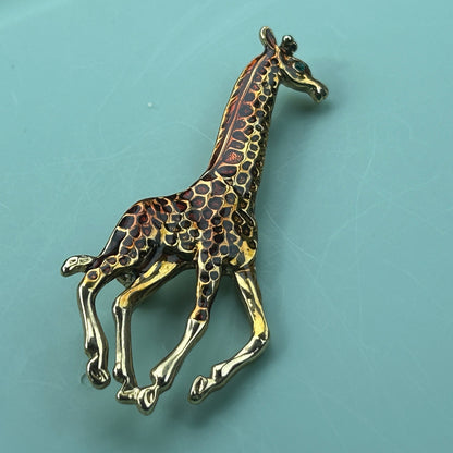 Vintage Enamel Running Giraffe Brooch | Safari Pin | Gold-Tone Animal Jewelry