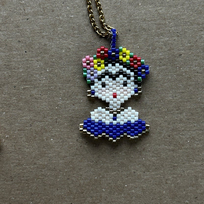 Gold Cable Chain Necklace with Multicolor Beaded Freida Kahlo Pendant, Handmade