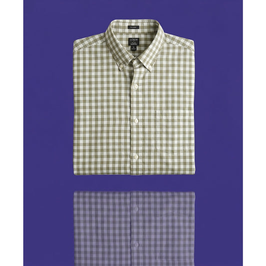 J.CREW Men's Flex Washed Gingham Button Down Shirt - XL Classic Fit - Tan & White
