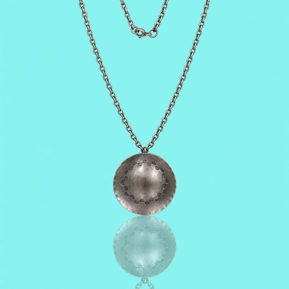 Vintage Modernist Hammered Silver Disc Pendant Necklace - Scalloped Edge - 18"