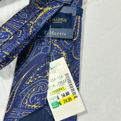 NWT T. Harris London Silk Tie Blue & Gold Paisley Luxury Men’s Necktie
