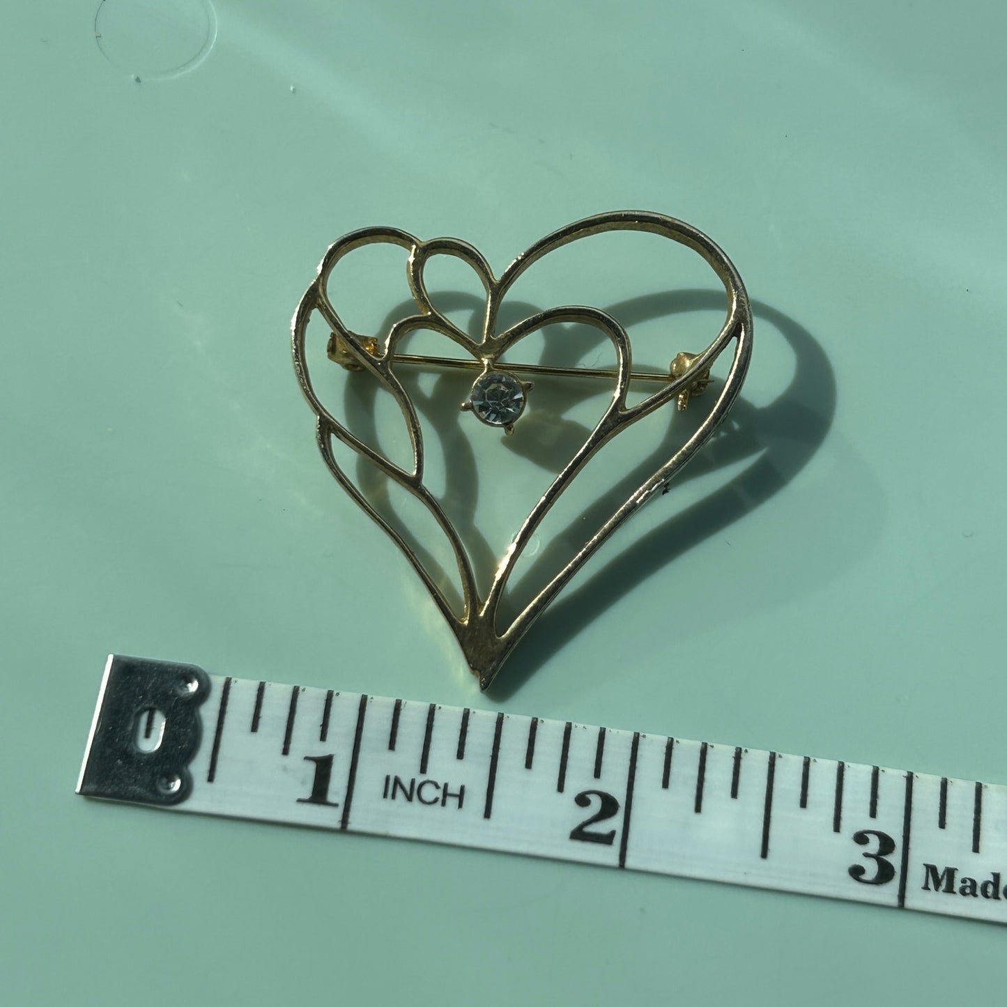 Vintage Gold Tone Open Heart Brooch Pin Rhinestone Filigree Art Nouveau Style