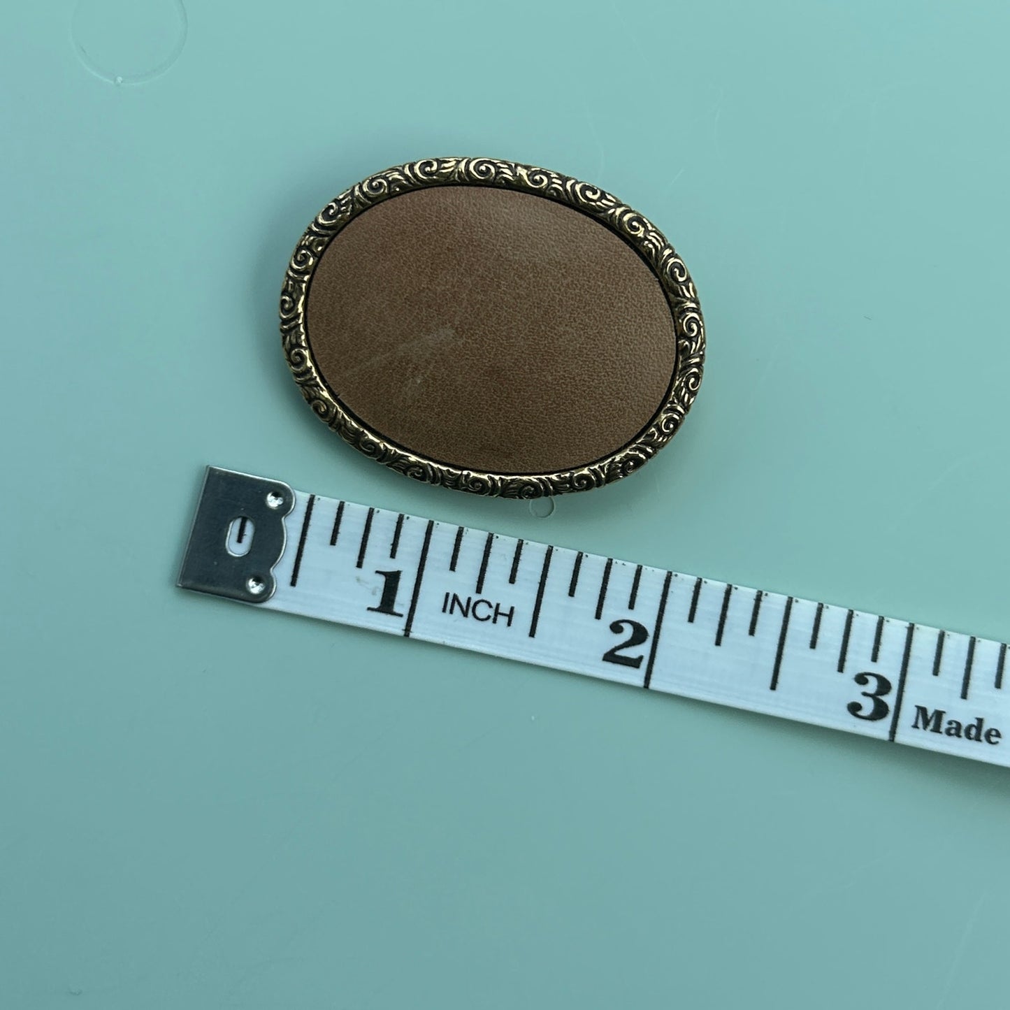 Victorian Revival Style Brooch | Gold-Tone Frame | Tan Suede Inlay Oval