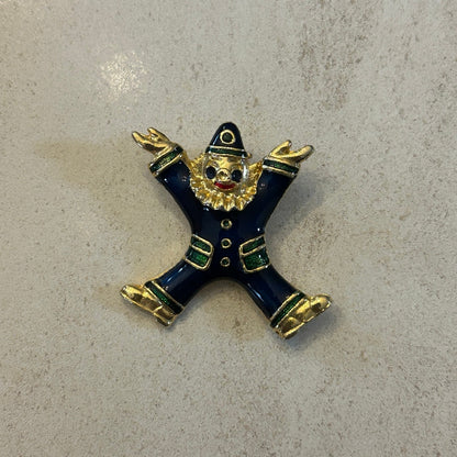 Vintage Enamel Clown Brooch – Navy Blue & Gold-Tone Whimsical Figural Pin