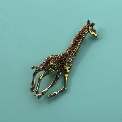 Vintage Enamel Running Giraffe Brooch | Safari Pin | Gold-Tone Animal Jewelry