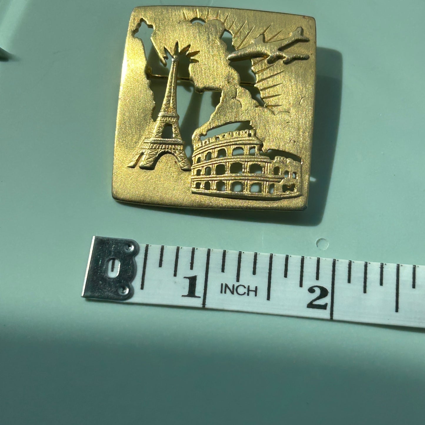 Vintage Gold-Tone World Travel Brooch | Cut-Out Silhouette Pin | Eiffel Tower