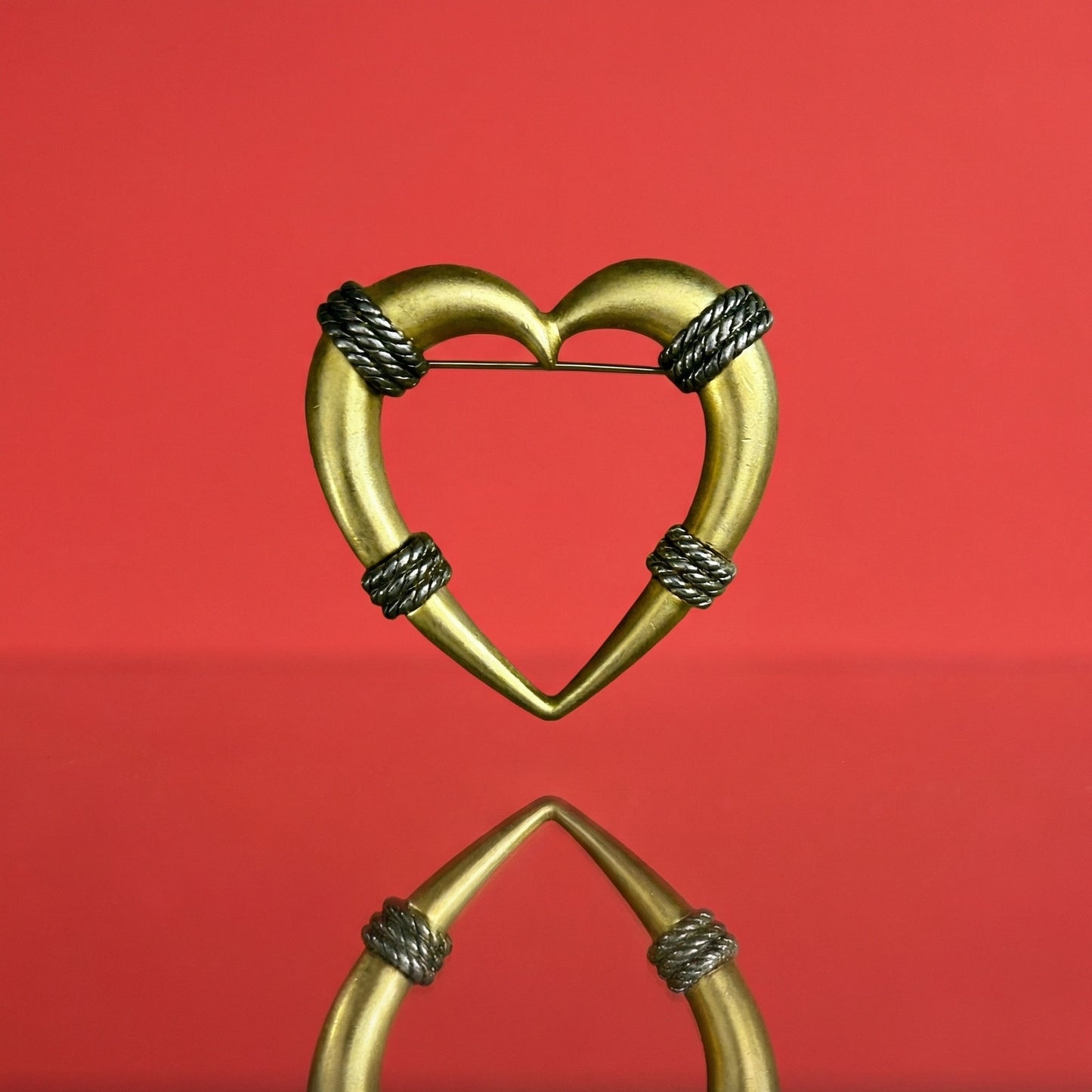 Mixed Metals Heart Brooch 2" Vintage 1980s Silver Rope
