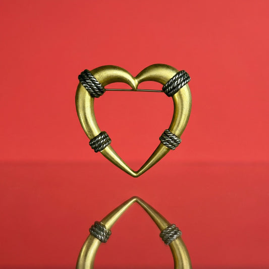 Mixed Metals Heart Brooch 2" Vintage 1980s Silver Rope
