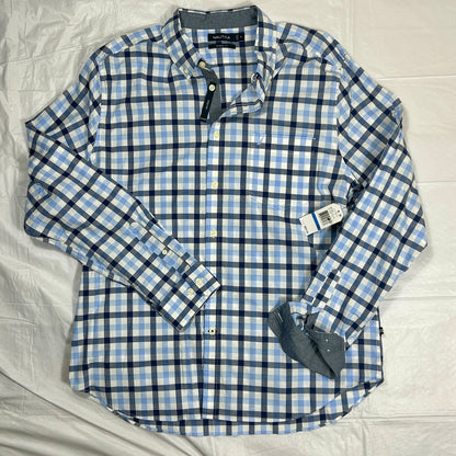 Nautica Classic Fit Plaid Button Down Shirt Size XL | Blue & White Stretch