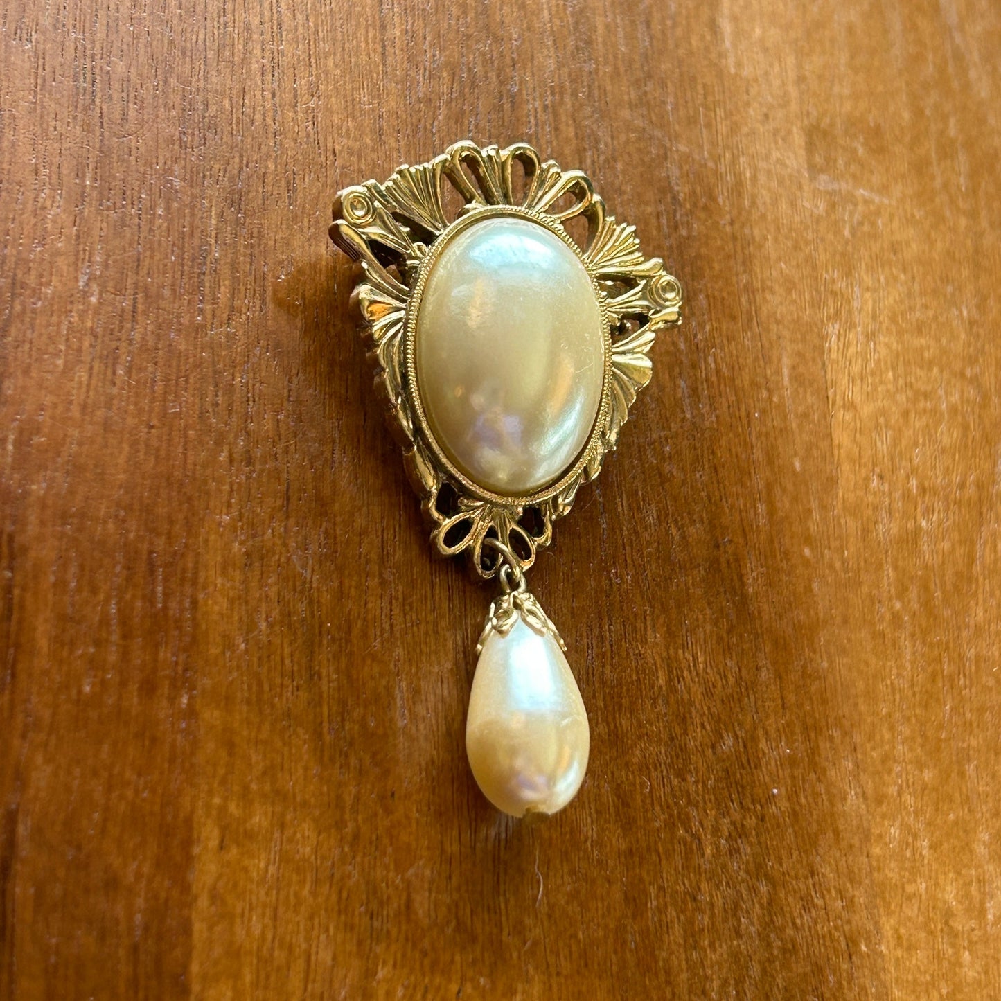 Vintage Ornate Gold Tone Faux Pearl Drop Brooch | Victorian Filigree Dangle Pin