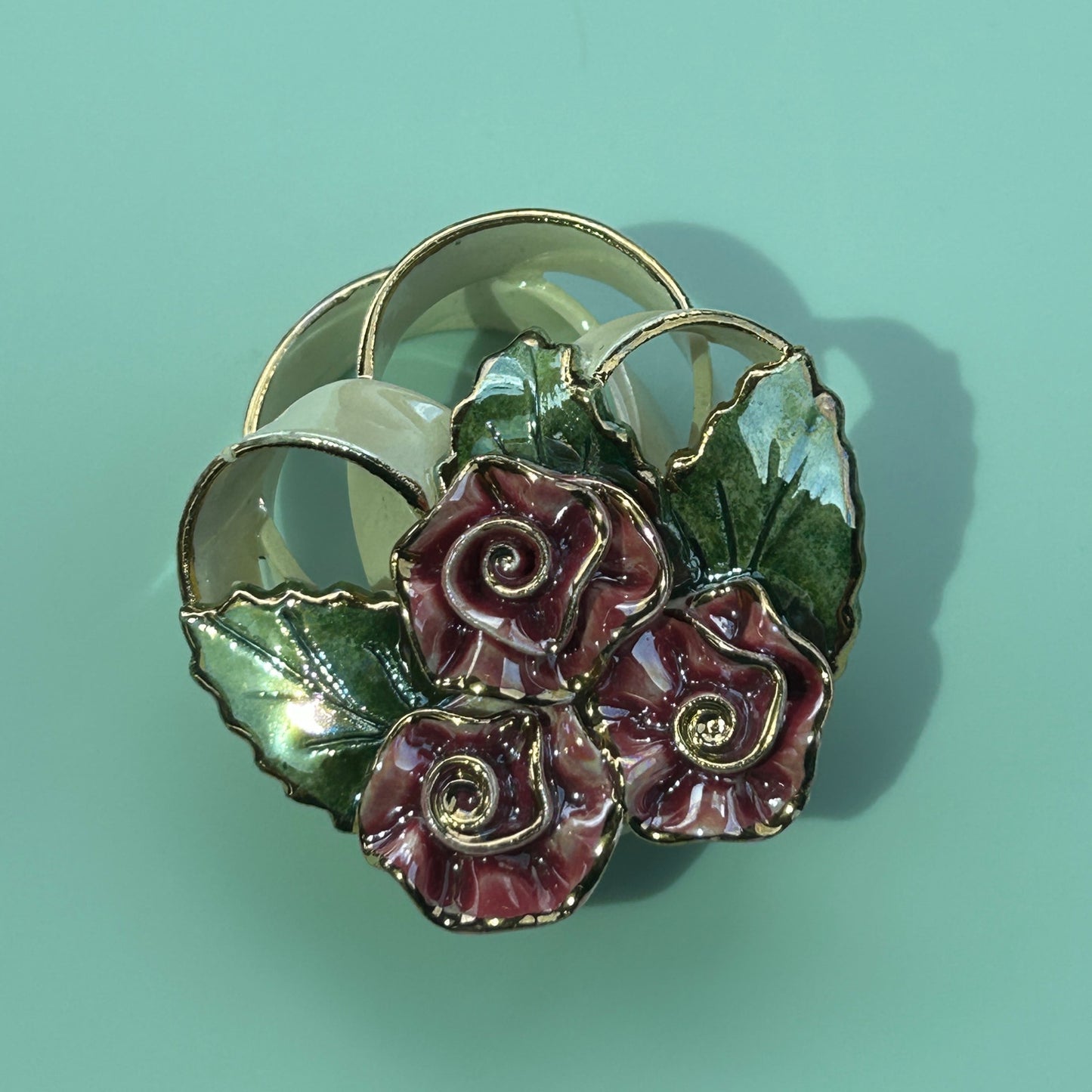 Vintage Hand-Painted Ceramic Rose Brooch, Dimensional Floral Bouquet Pin