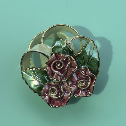Vintage Hand-Painted Ceramic Rose Brooch, Dimensional Floral Bouquet Pin