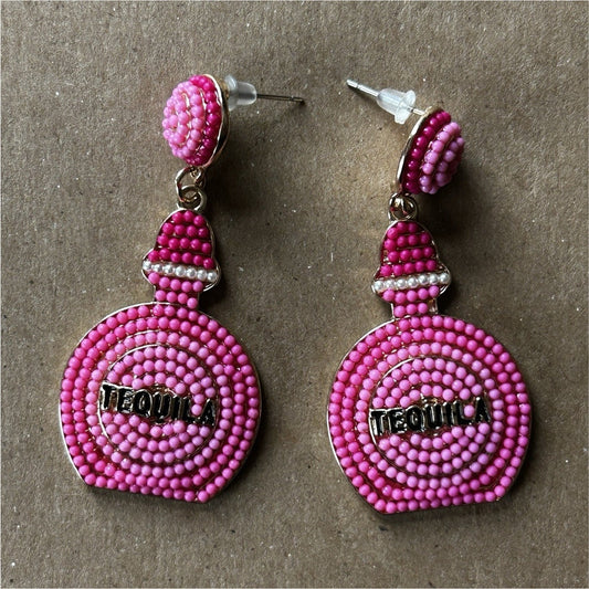Handcrafted Pink Beaded Tequila Bottle Dangle Earrings Gold Tone Party Theme