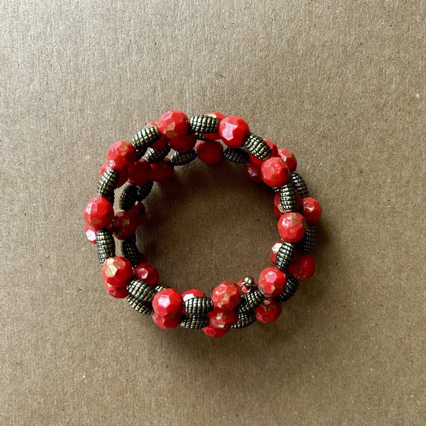 Red Beaded Wrap Bracelet Glass & Metal, Bronze Accents, Stackable, Bohemian