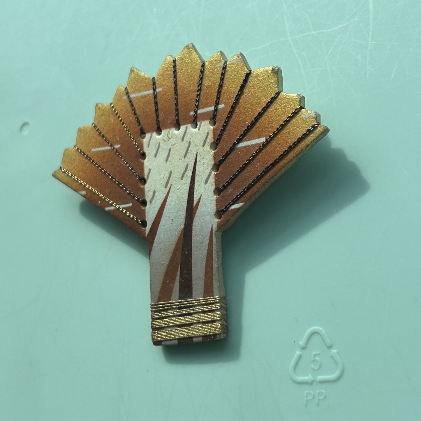 Vintage Hand-Painted Ceramic Fan Brooch | Asian-Inspired Bamboo & Sunrise Motif