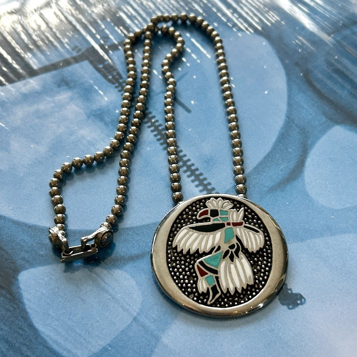 Round Enamel Native Bird Pendant Necklace with Chain, Silver, Turquoise & Red