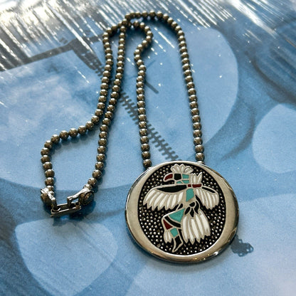Round Enamel Native Bird Pendant Necklace with Chain, Silver, Turquoise & Red