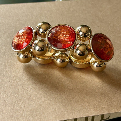 Gold Tone Red Glass Beaded Statement Stretch Bracelet with Oval Stones