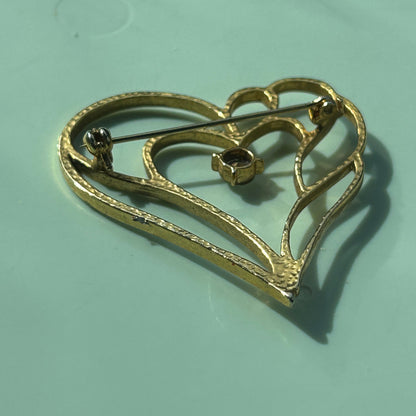 Vintage Gold Tone Open Heart Brooch Pin Rhinestone Filigree Art Nouveau Style