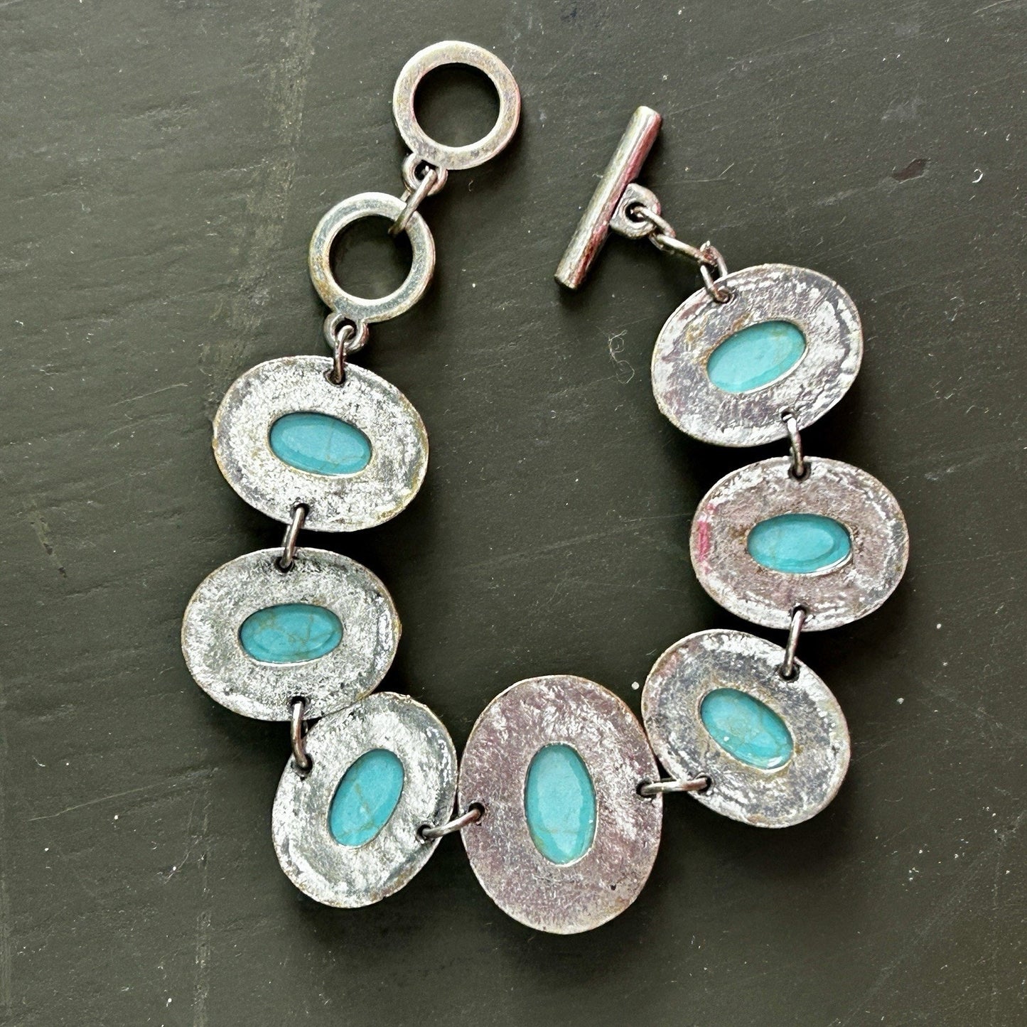 Silver Tone Adjustable Toggle Bracelet with Turquoise Oval Beads