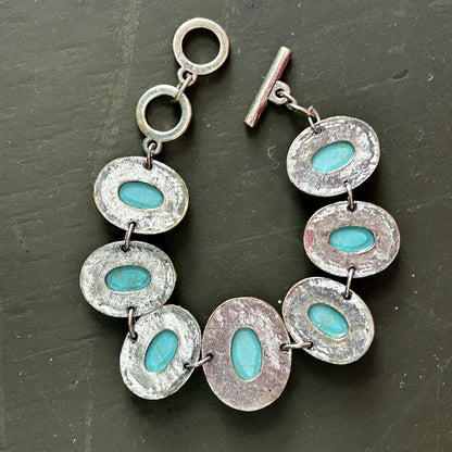 Silver Tone Adjustable Toggle Bracelet with Turquoise Oval Beads