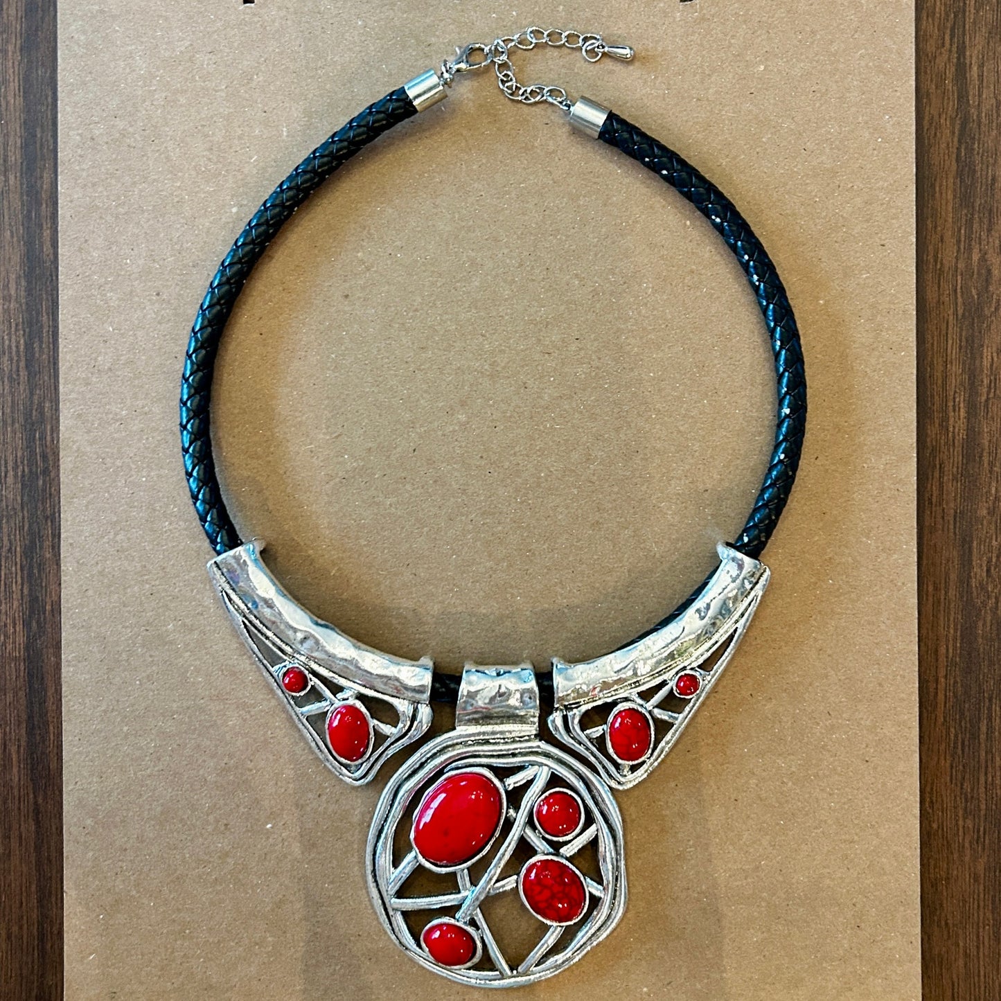 Vintage Southwestern Bib Necklace Red Faux Stone Silver Tone
