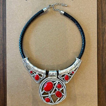 Vintage Southwestern Bib Necklace Red Faux Stone Silver Tone