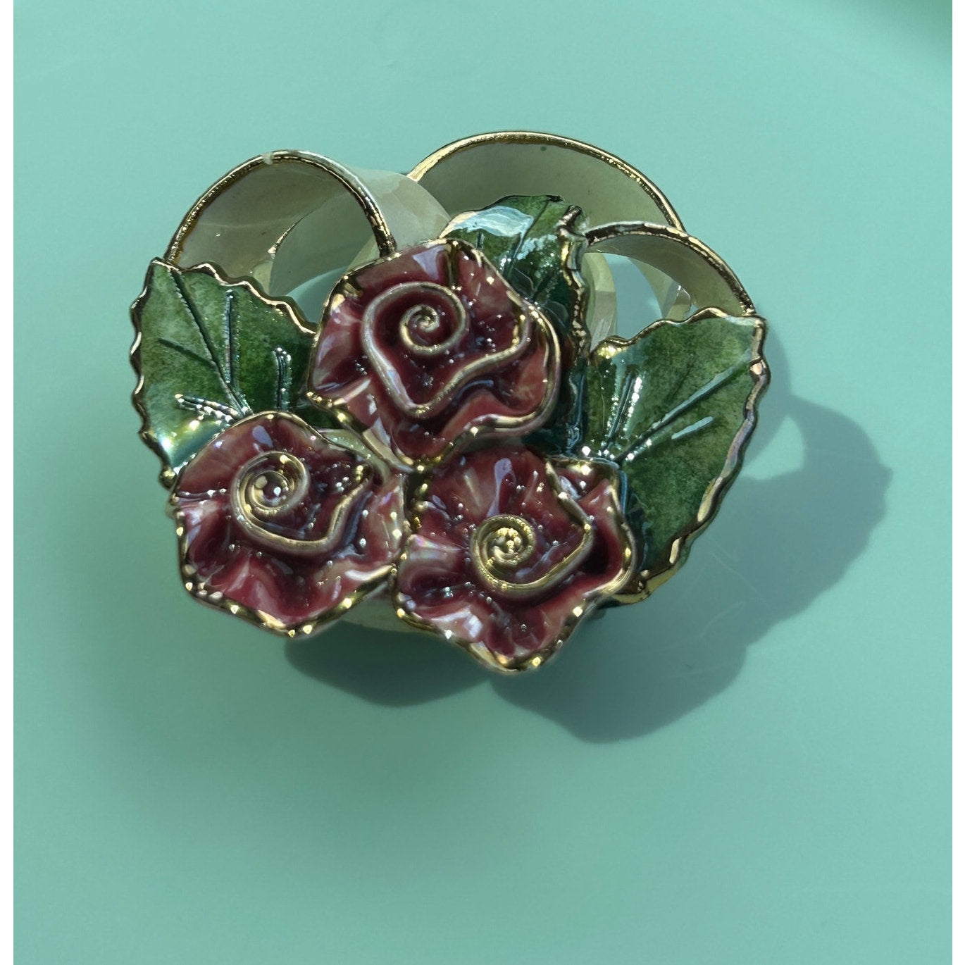 Vintage Hand-Painted Ceramic Rose Brooch, Dimensional Floral Bouquet Pin