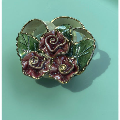 Vintage Hand-Painted Ceramic Rose Brooch, Dimensional Floral Bouquet Pin