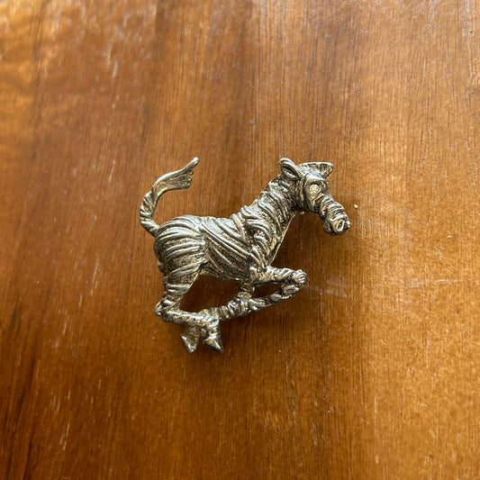 Vintage Running Zebra Brooch | Silver Tone Textured Animal Pin | Rhinestone Eye