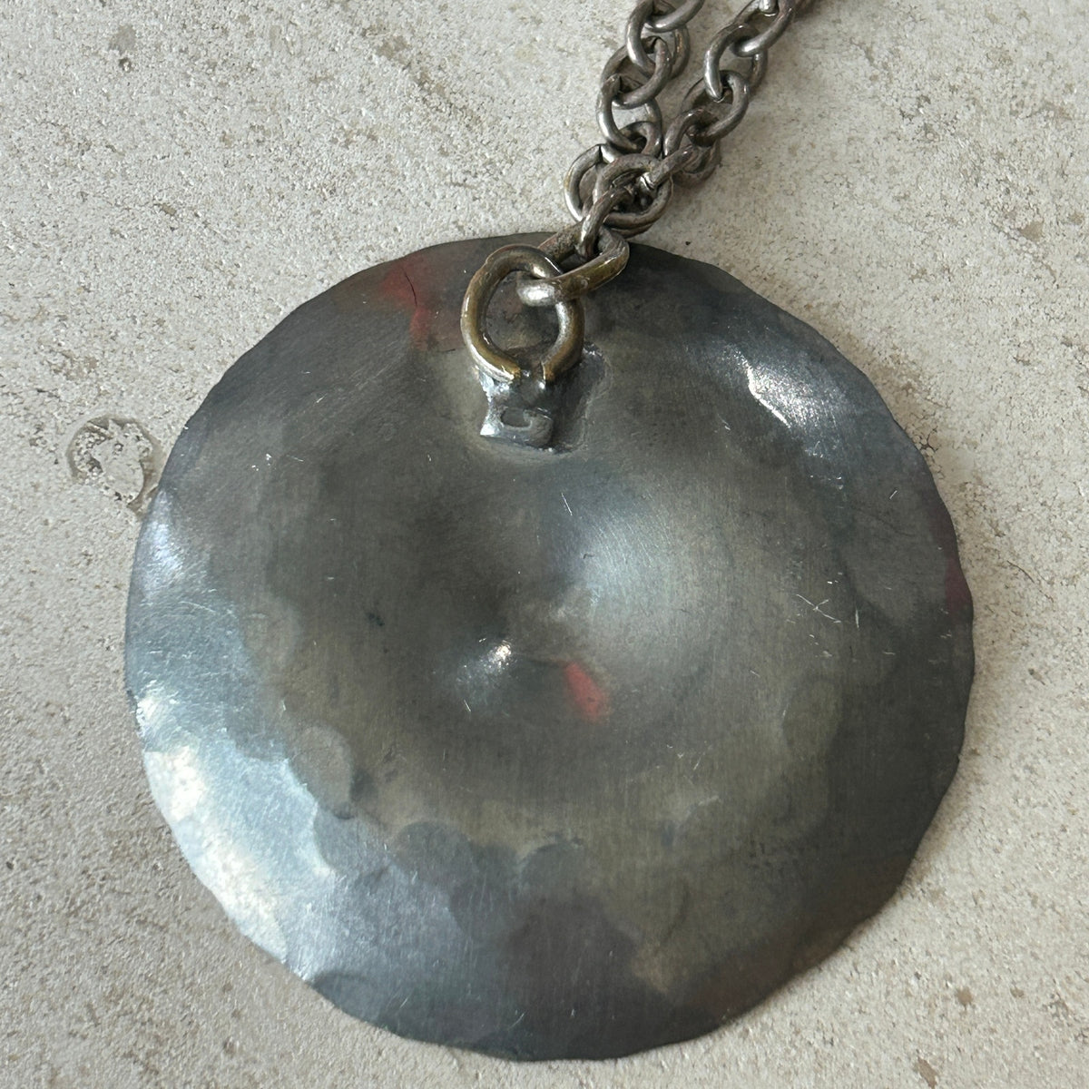 Vintage Modernist Hammered Silver Disc Pendant Necklace - Scalloped Edge - 18"
