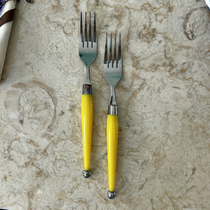Contemporary Yellow Handle Stainless Steel Forks Set, Reusable, Glossy Finish