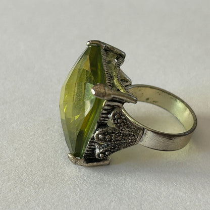 Large Cocktail Ring Pale Yellow-Green Faceted Stone Gothic Setting Size 8